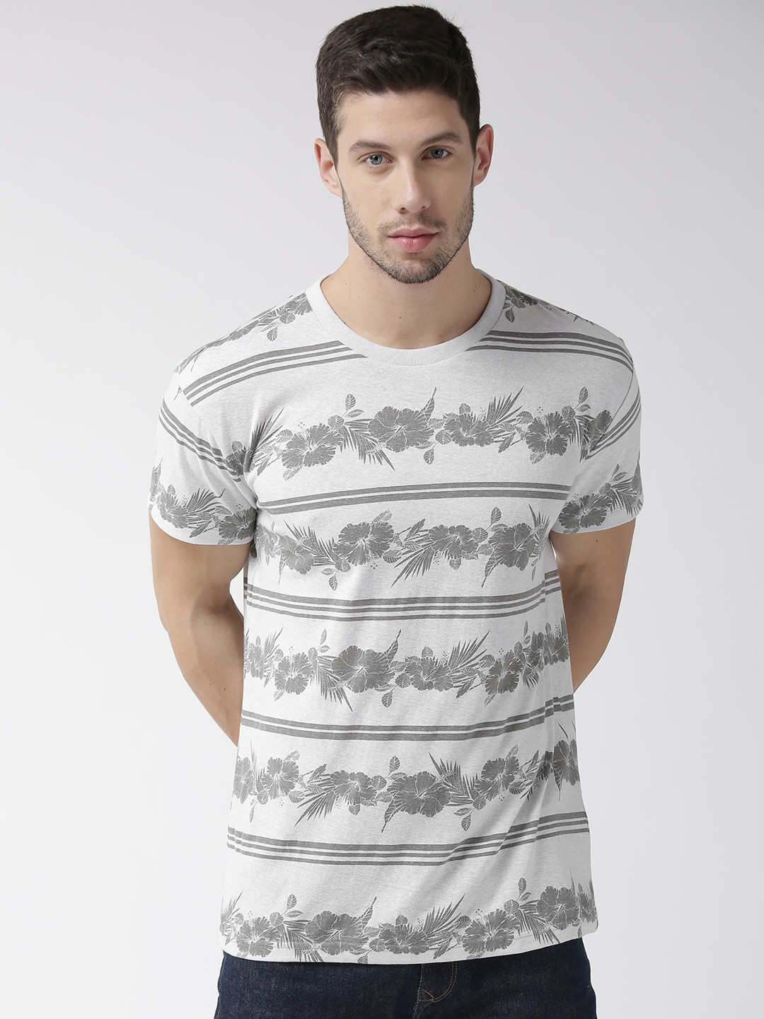 Aeropostale Men Grey Melange Printed Round Neck T-shirt