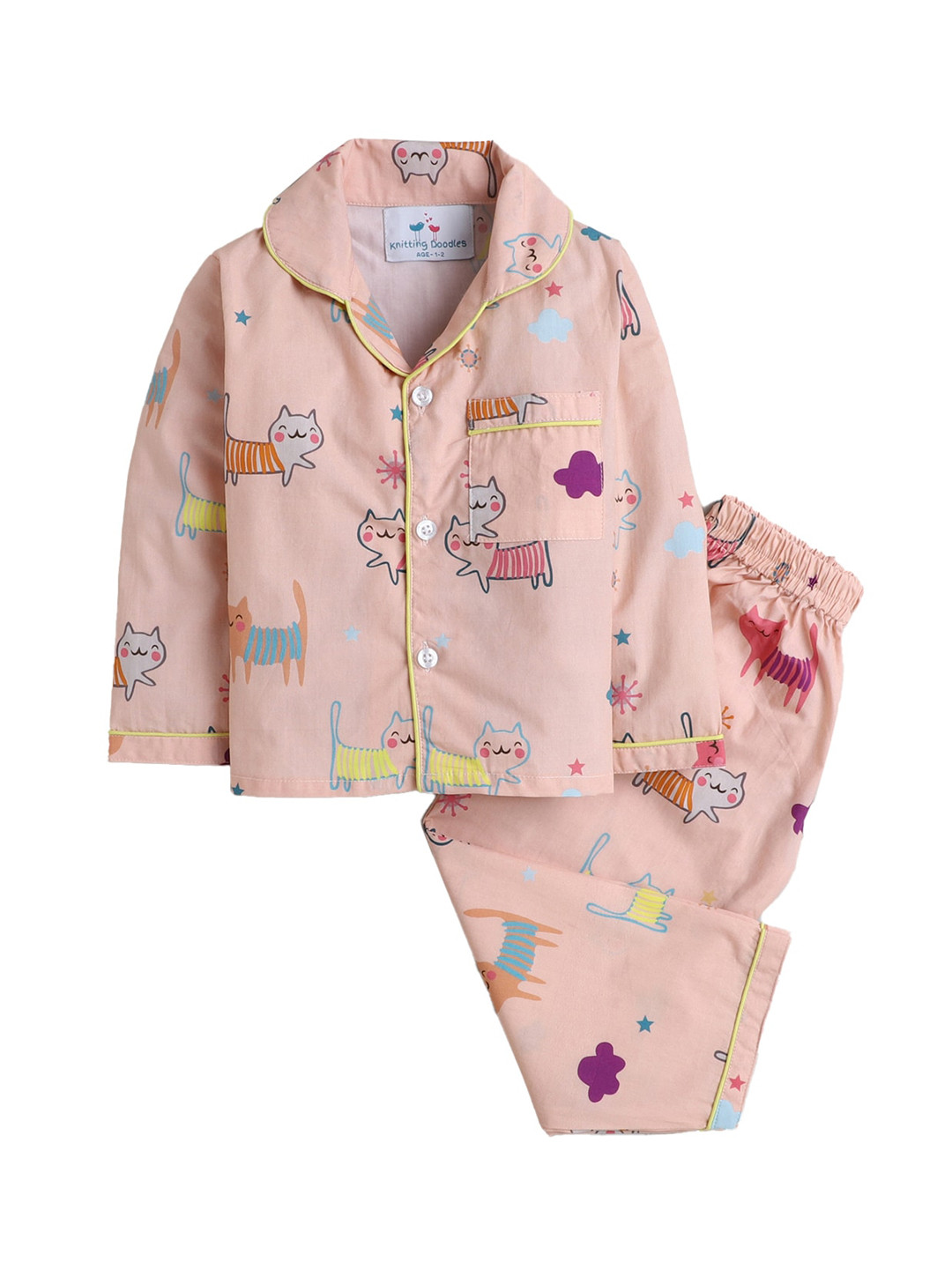 Knitting Doodles Unisex Kids Peach-Coloured & Blue Printed Night suit