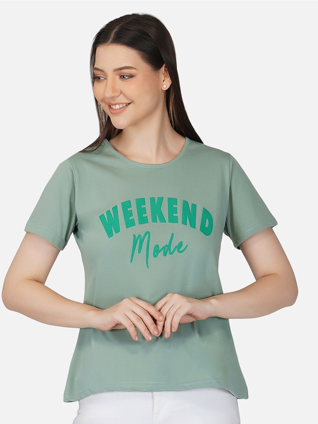 BASE 41 Women Green Typography Printed Regular Fit T-shirt