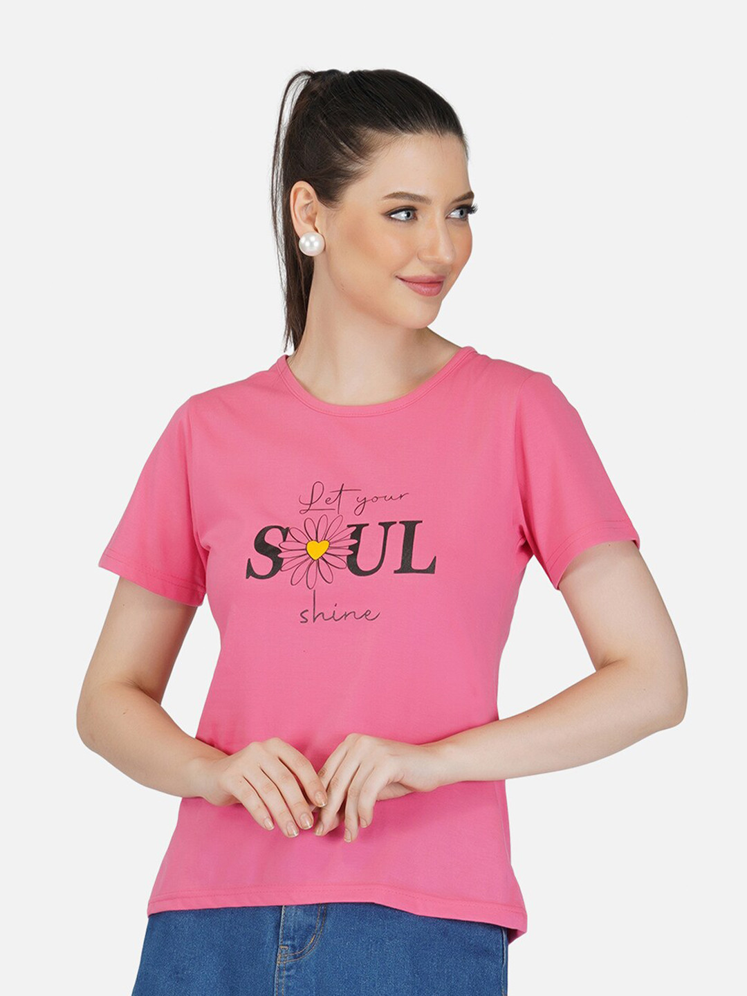 Women Pink Typography Printed Regular Fit T-shirt