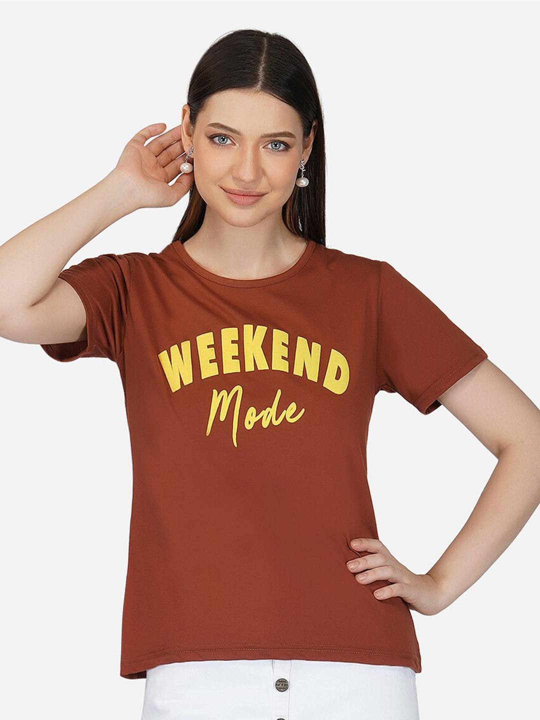 Women Brown Typography Printed Round Neck Regular Fit T-shirt