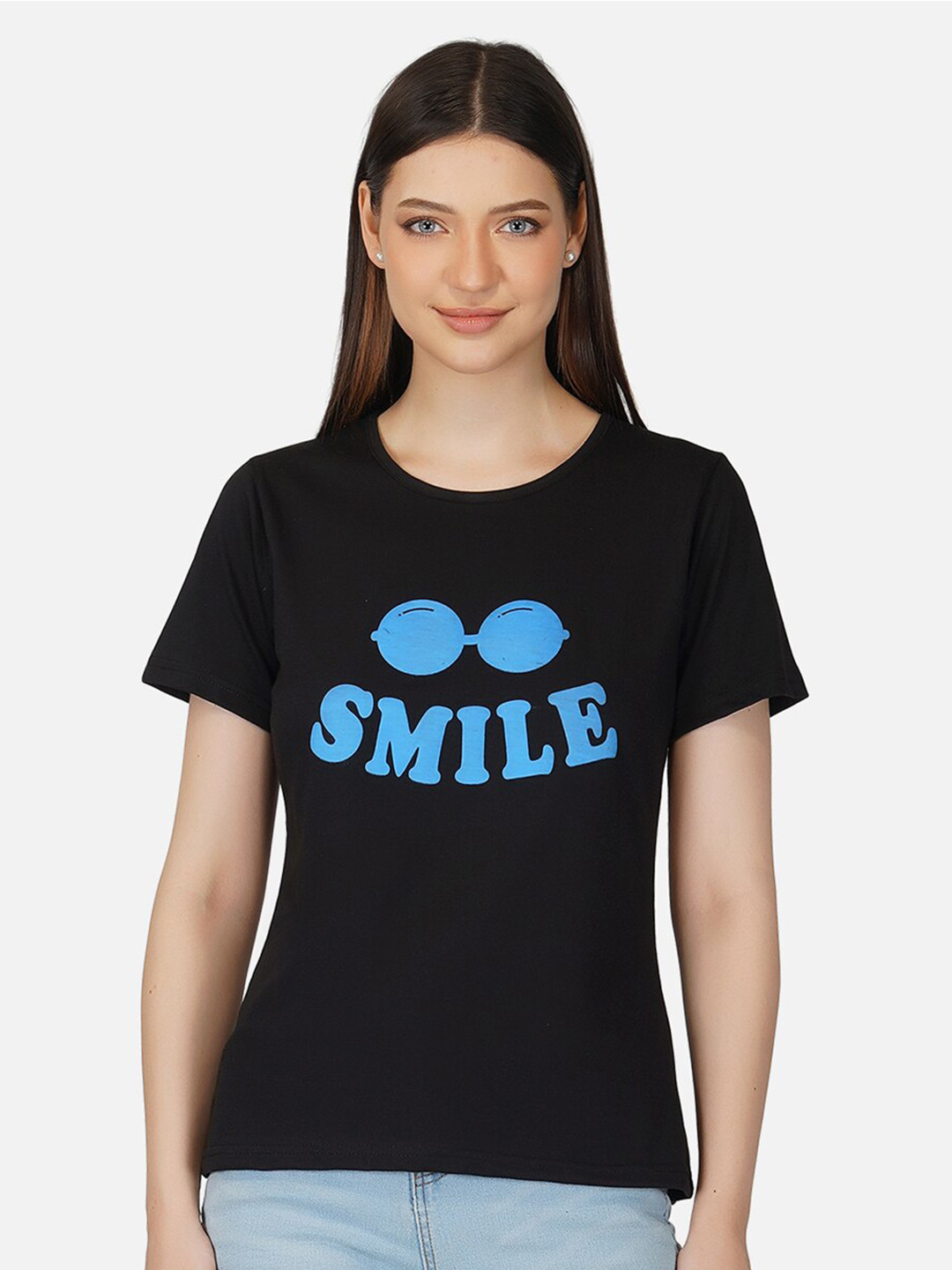 BASE 41 Women Black Typography Printed Slim Fit Cotton T-shirt