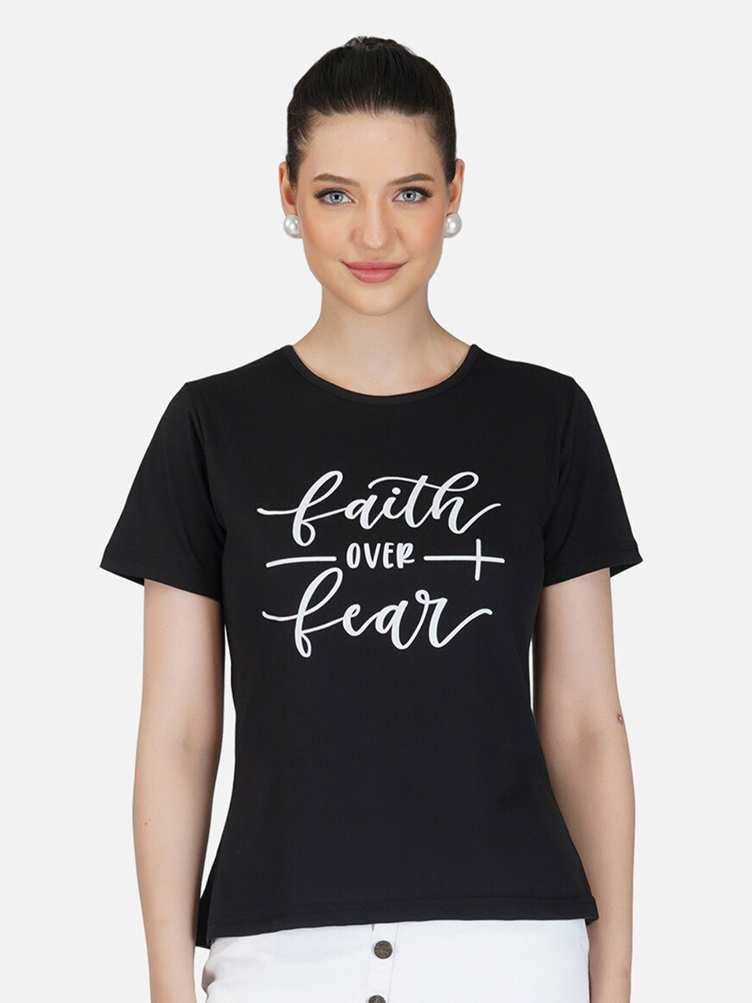 BASE 41 Women Black Faith Over Fear Typography Regular Fit T-shirt