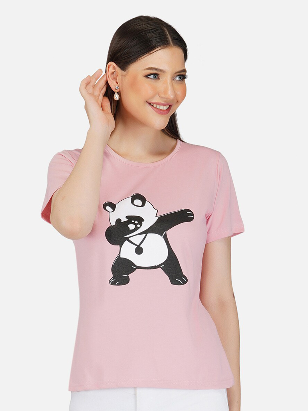 BASE 41 Women Pink Kung Fu Panda Graphic Regular Fit Cotton T-shirt