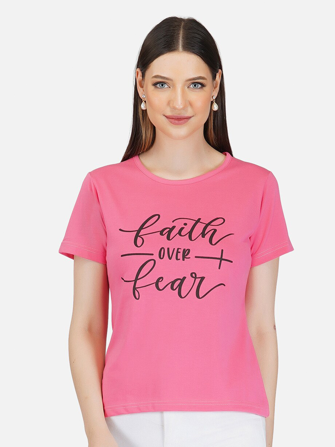 BASE 41 Women Pink Typography Printed Regular Fit Cotton T-shirt