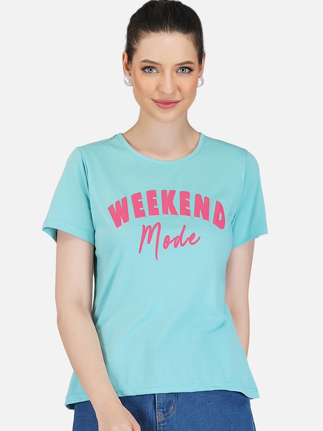 BASE 41 Women Turquoise Blue Typography Printed Regular Fit Cotton T-shirt