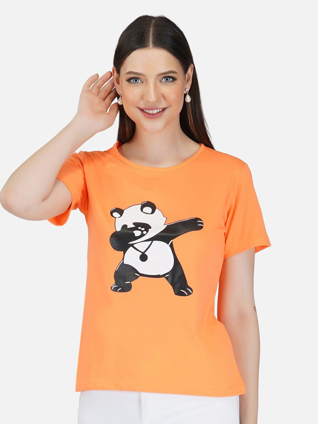 BASE 41 Women Orange Kung Fu Panda Graphic Regular Fit Cotton T-shirt