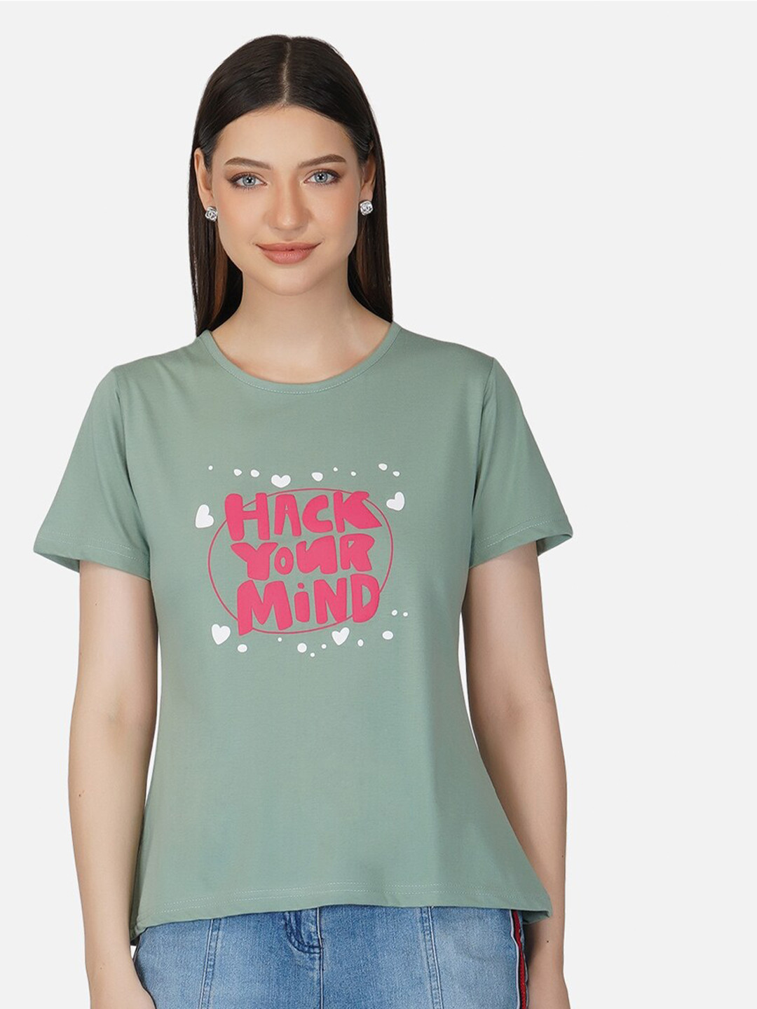 BASE 41 Women Green Typography Printed Regular Fit T-shirt