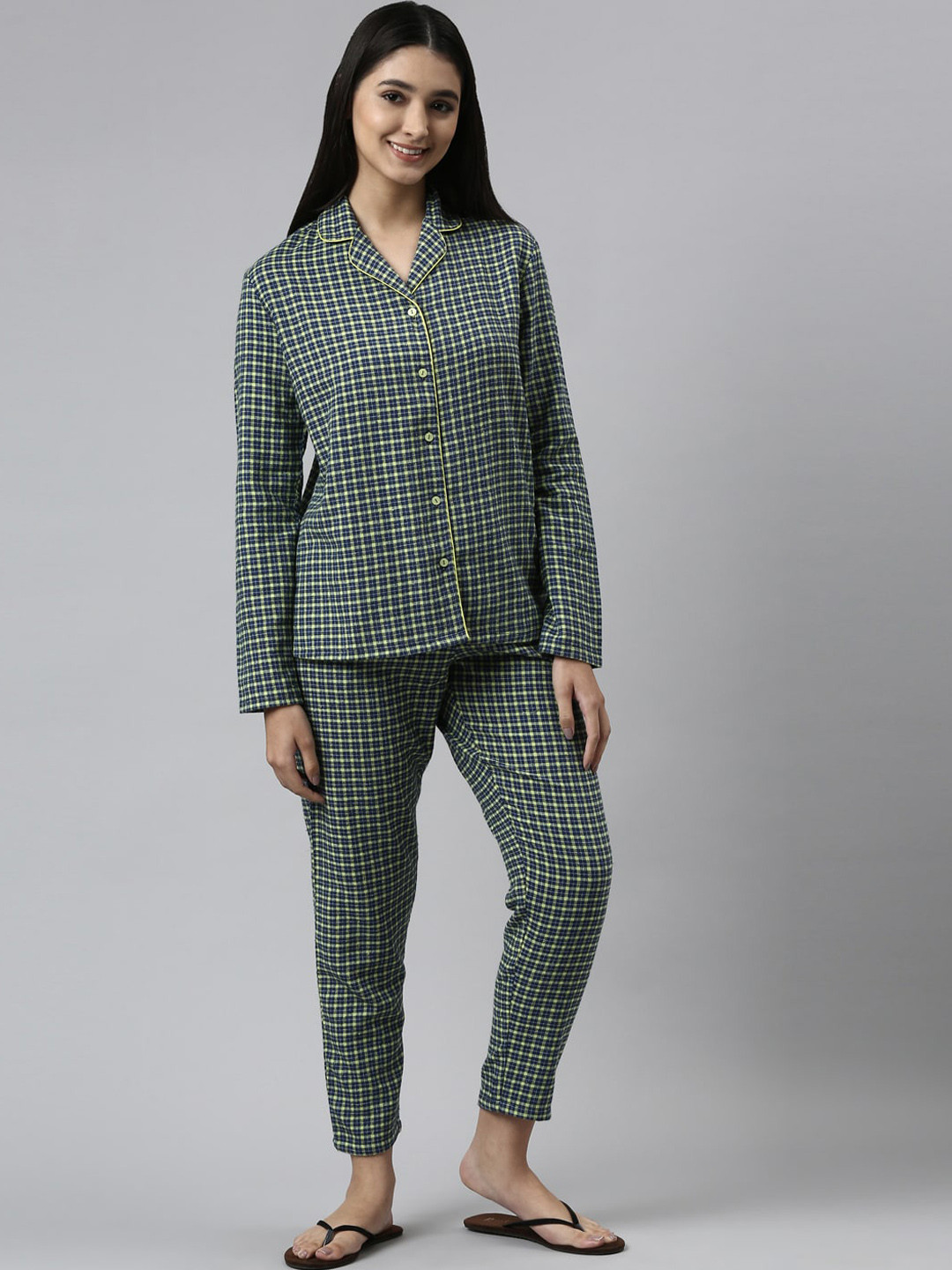 Enamor Women Navy Blue & Yellow Checked Night suit