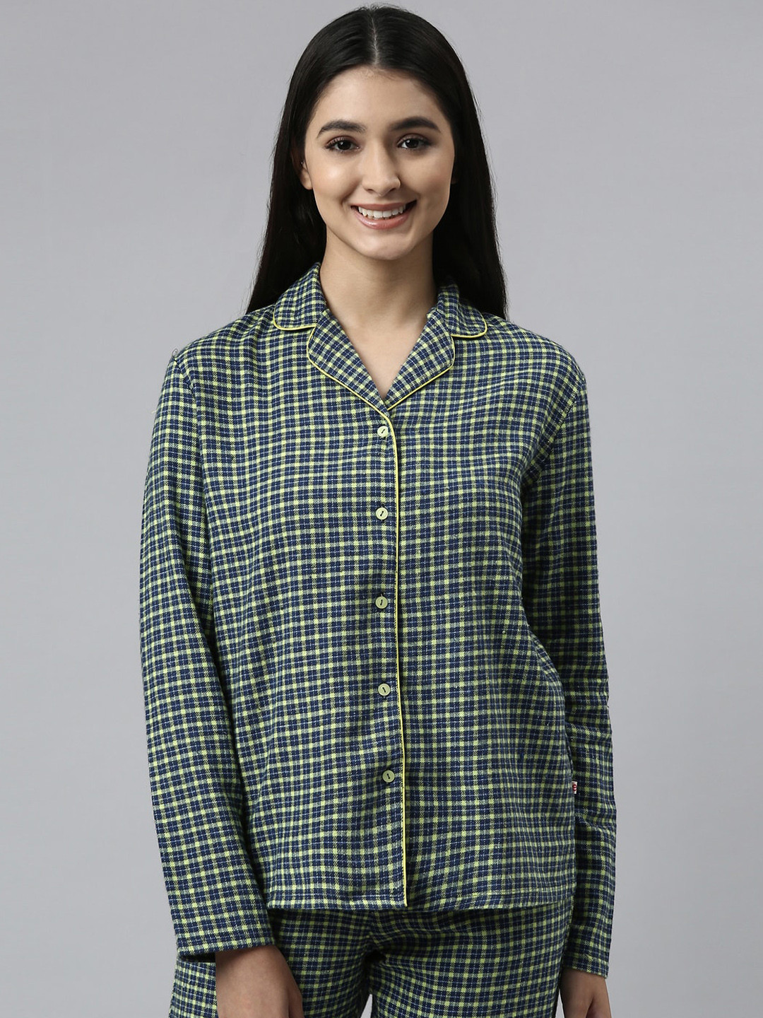 Enamor Women Green & Blue Checked Night suit