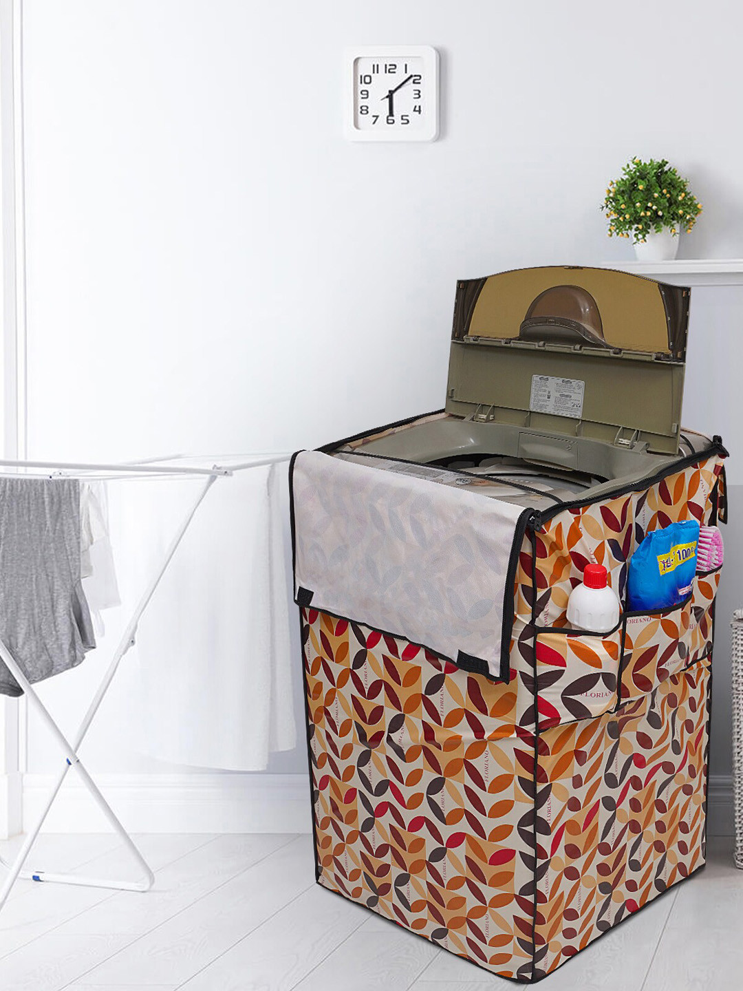 DREAM CARE White & Brown Printed Washing Machine Cover