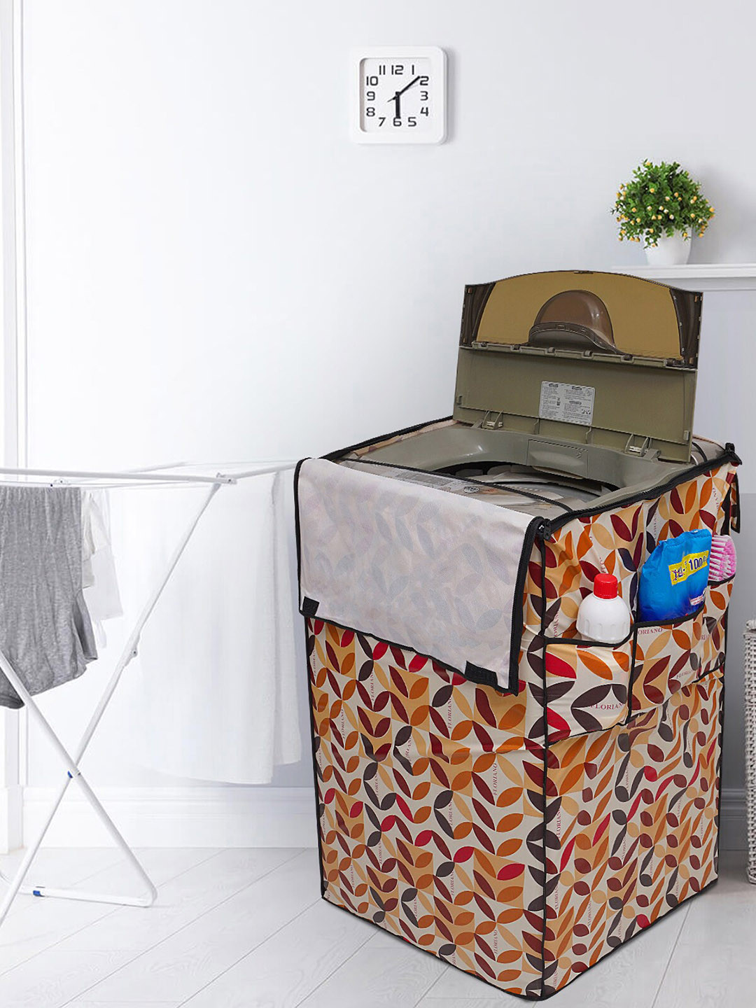 DREAM CARE White & Orange Printed Washing Machine Cover