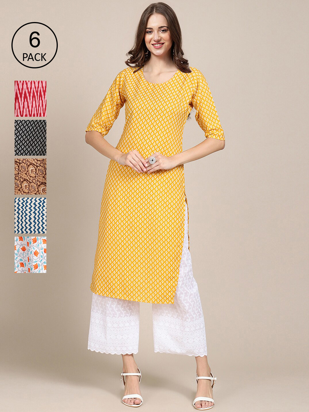 7Threads Women Yellow And Black Summer Sheers Crepe Kurta [PACK OF 6]