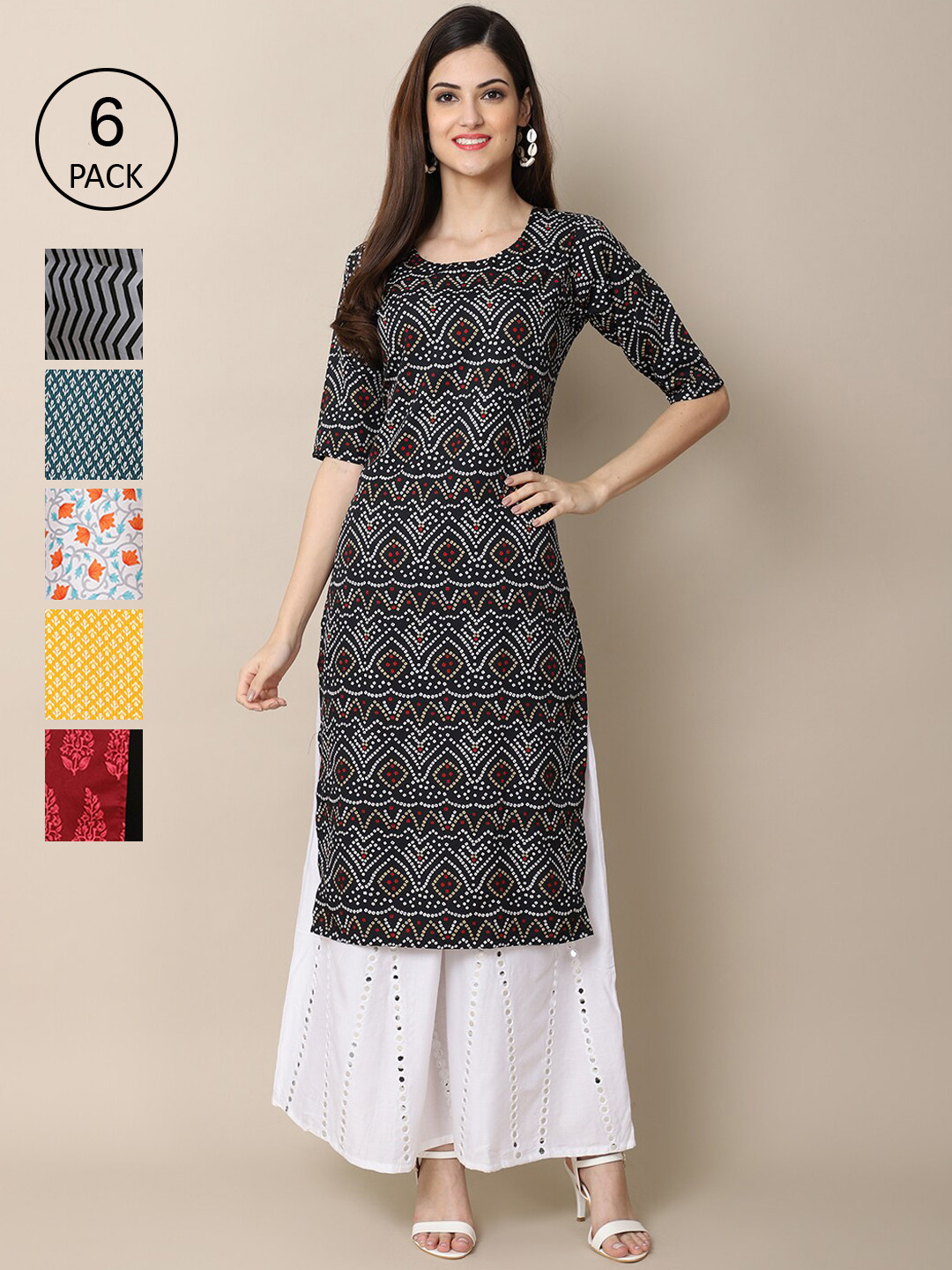 7Threads Women Black And Red Geometric Printed Summer Sheers Crepe Kurta  [PACK OF 6]