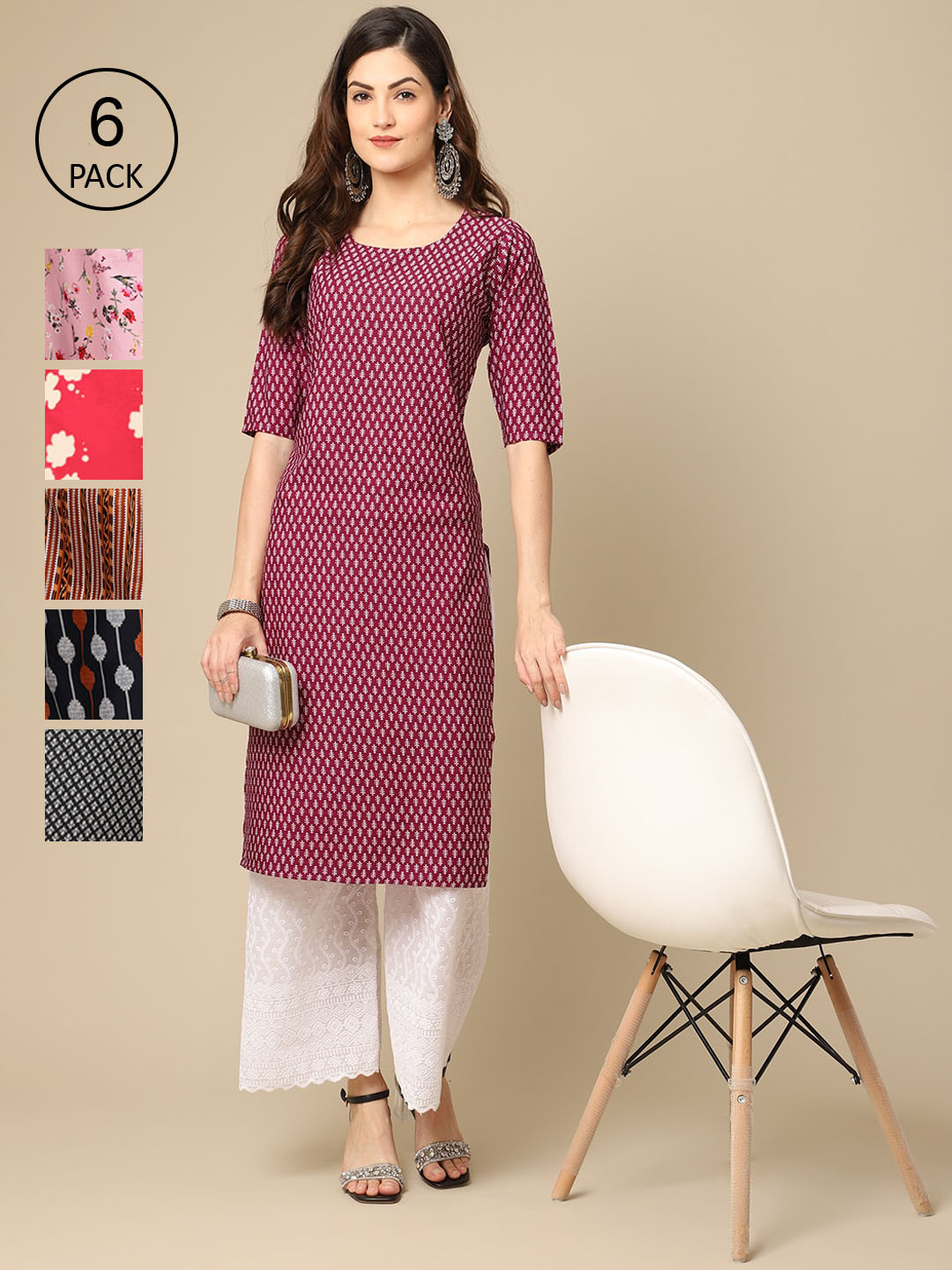 7Threads Women Set Of 6 Violet & Pink Floral Printed Crepe Kurta