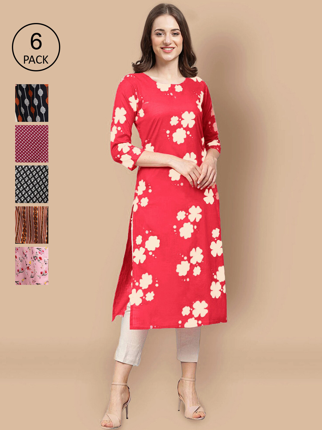 7Threads Pack of 6  Women Red & Pink Floral Printed Summer Sheers Crepe Kurta