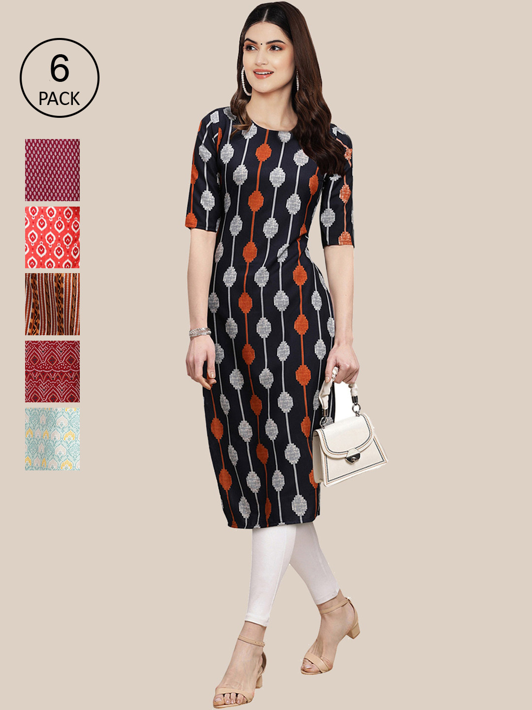 7Threads Women Black And Red Ethnic Motifs Striped Summer Sheers Crepe Kurta [PACK OF 6]