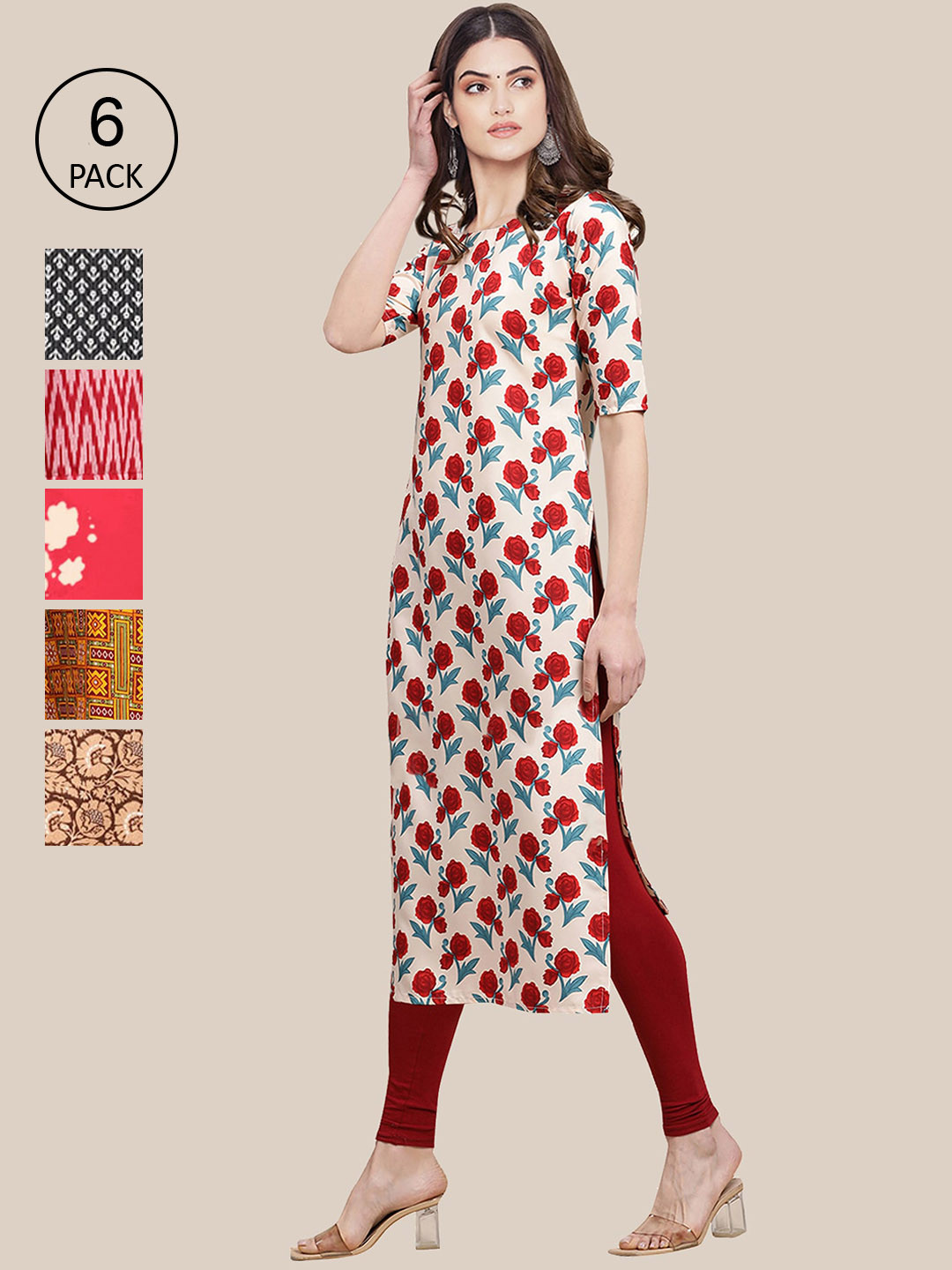 7Threads Women White and Red Printed Summer Sheers Crepe Kurta  [PACK OF 6]