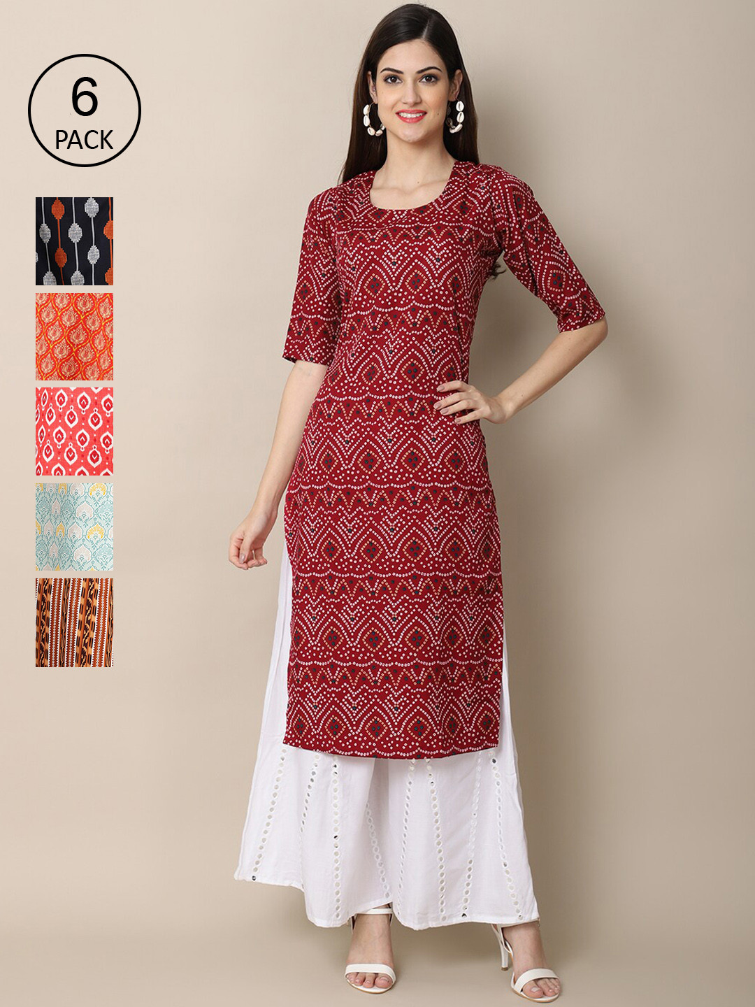 7Threads Women White and Red Printed Summer Sheers Crepe Kurta  [PACK OF 6]