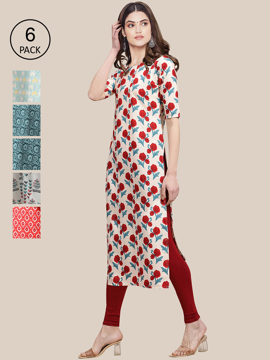 7Threads Women Pack Of 6Green & Red Printed Crepe Kurta