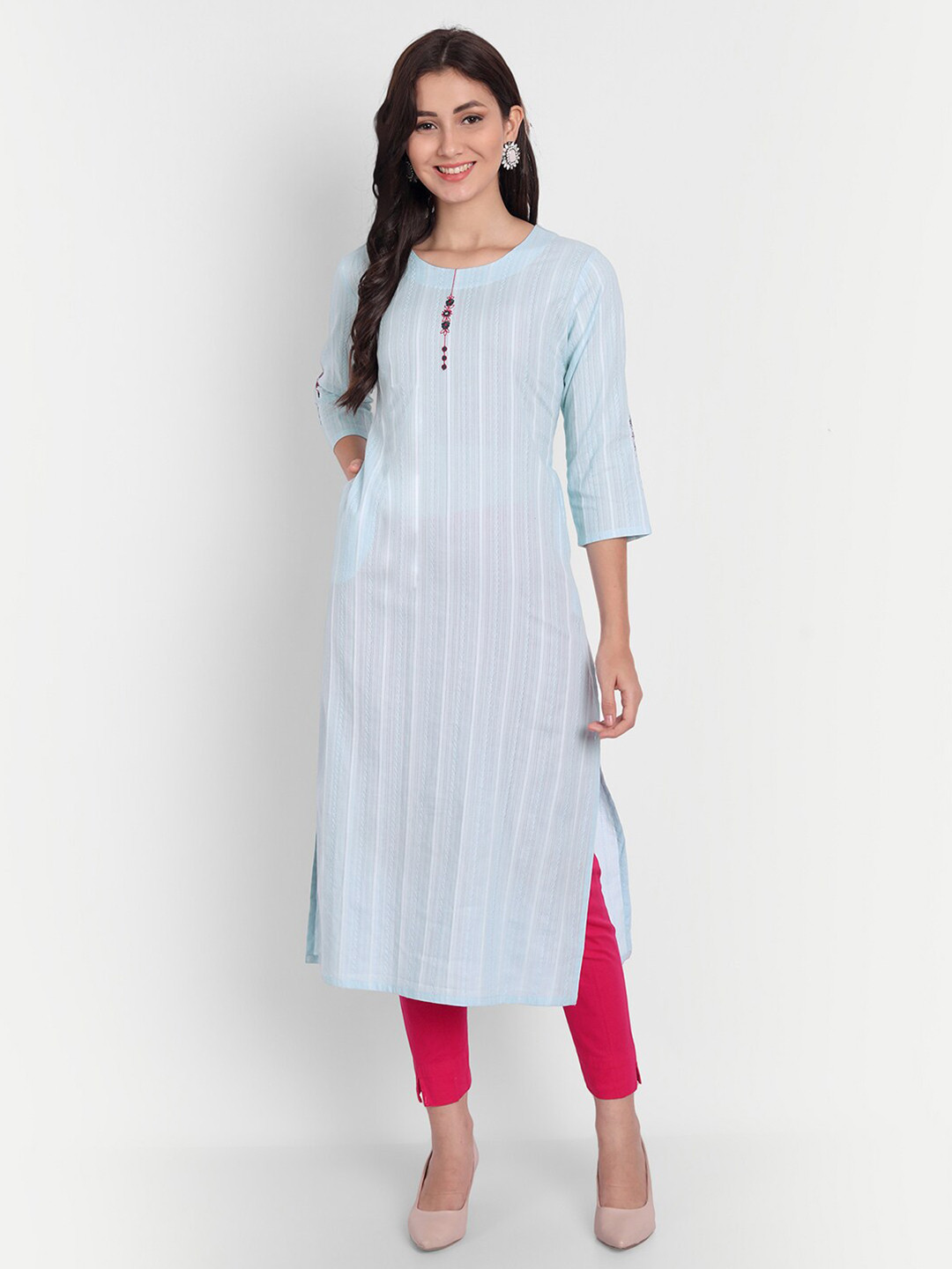 SUTI Women  Pure cotton Blue Striped Thread Work Pastels Kurta