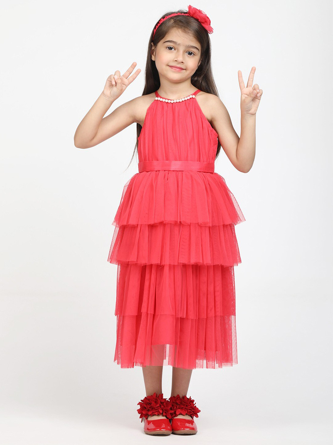 Jelly Jones Girls Pink Halter Neck Layered A-Line Midi Dress