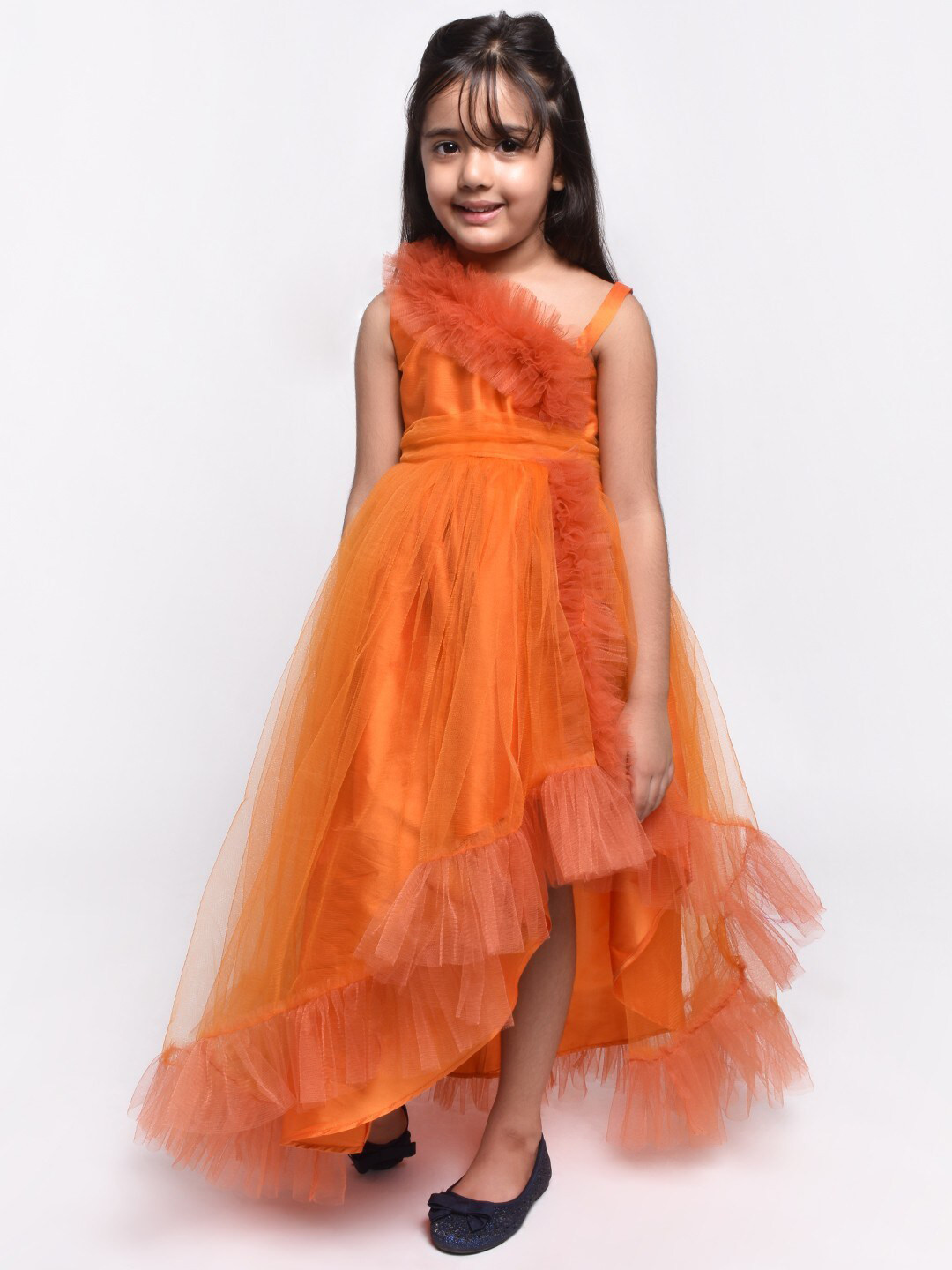 Jelly Jones Girls Orange Solid Net Ruffles Sleeveless Maxi Dress