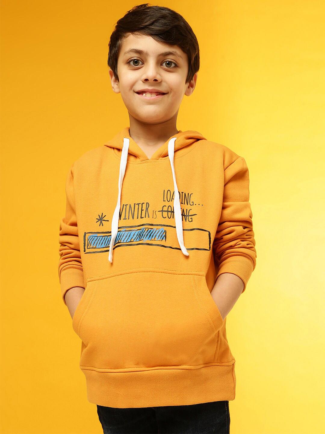 Instafab Boys Mustard Typography Print Hooded Sweatshirt