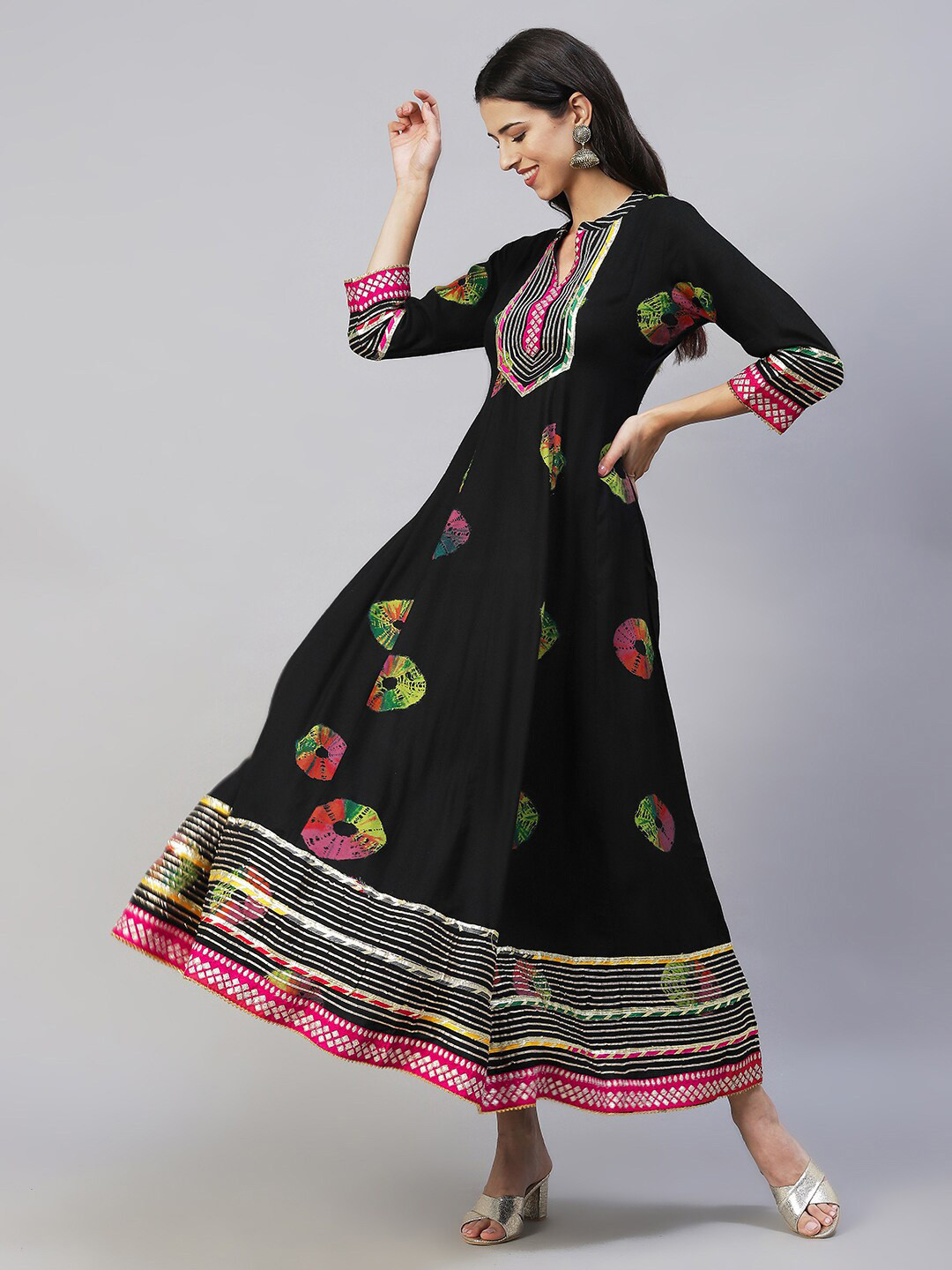 FASHOR Women Black Ethnic Motifs Ethnic Anarkali Flared Maxi Dress