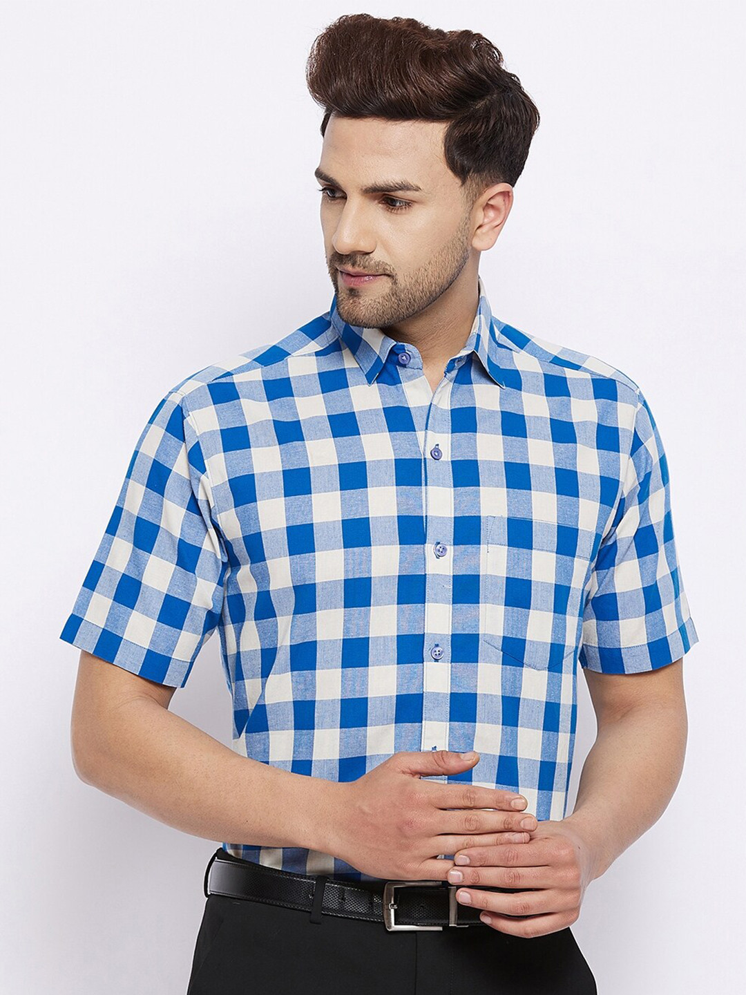 D Kumar Men Blue Standard Gingham Checks Checked Formal Shirt