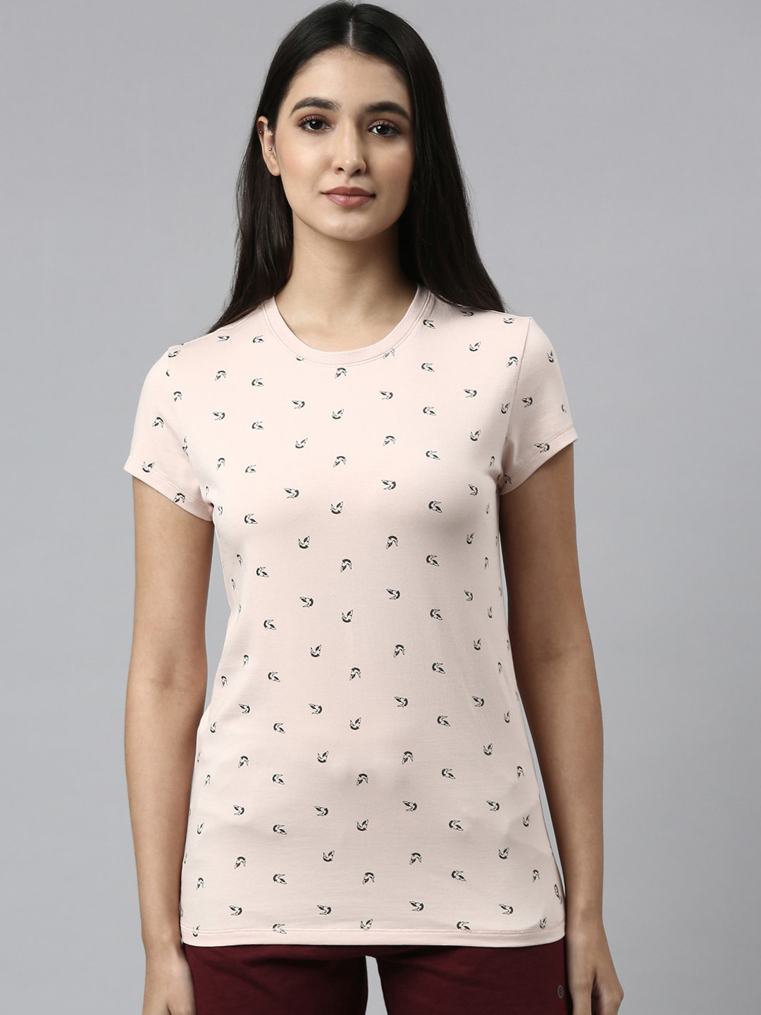 Enamor Women Pink Printed Cotton Lounge Tshirts