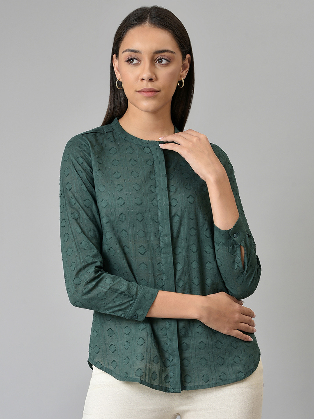 W Women Green Organic Cotton Printed Casual Shirt