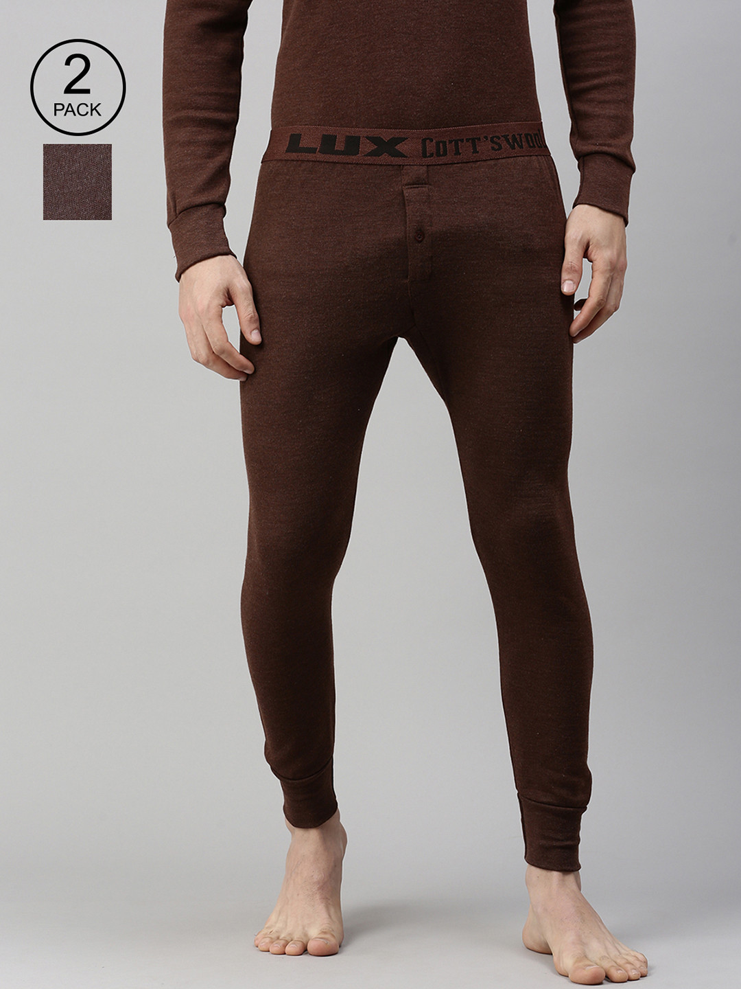 Lux Cottswool Men Pack of 2 Brown Ribbed Thermal Bottoms