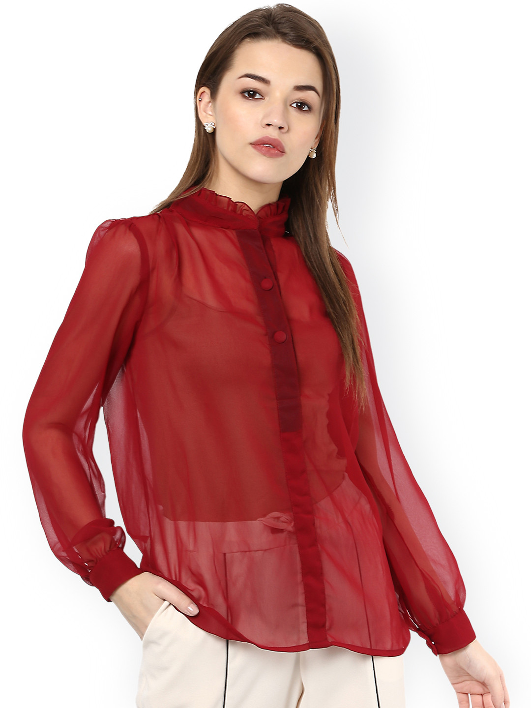 La Zoire Women Maroon Regular Fit Solid Sheer Casual Shirt