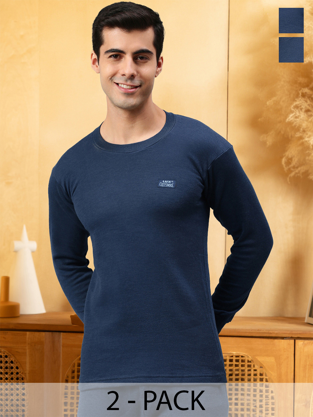 Lux Cottswool Men Plus Size Pack of 2 Blue Solid Thermal Tops