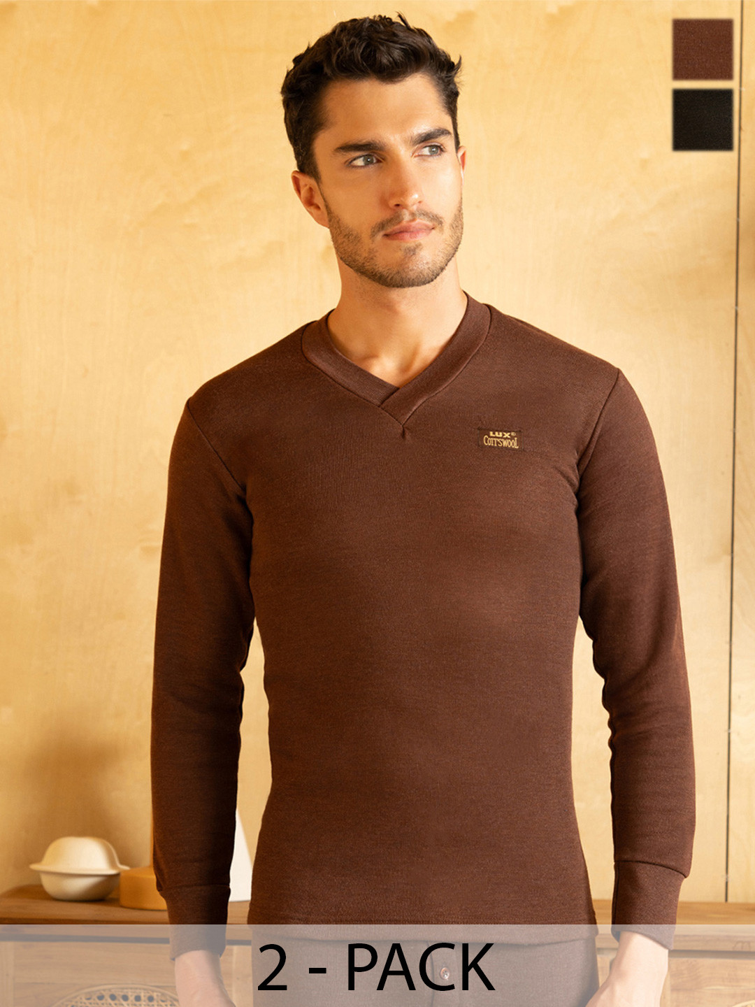 Lux Cottswool Men Plus Size Pack Of 2 Black & Brown Solid Cotton Thermal Tops