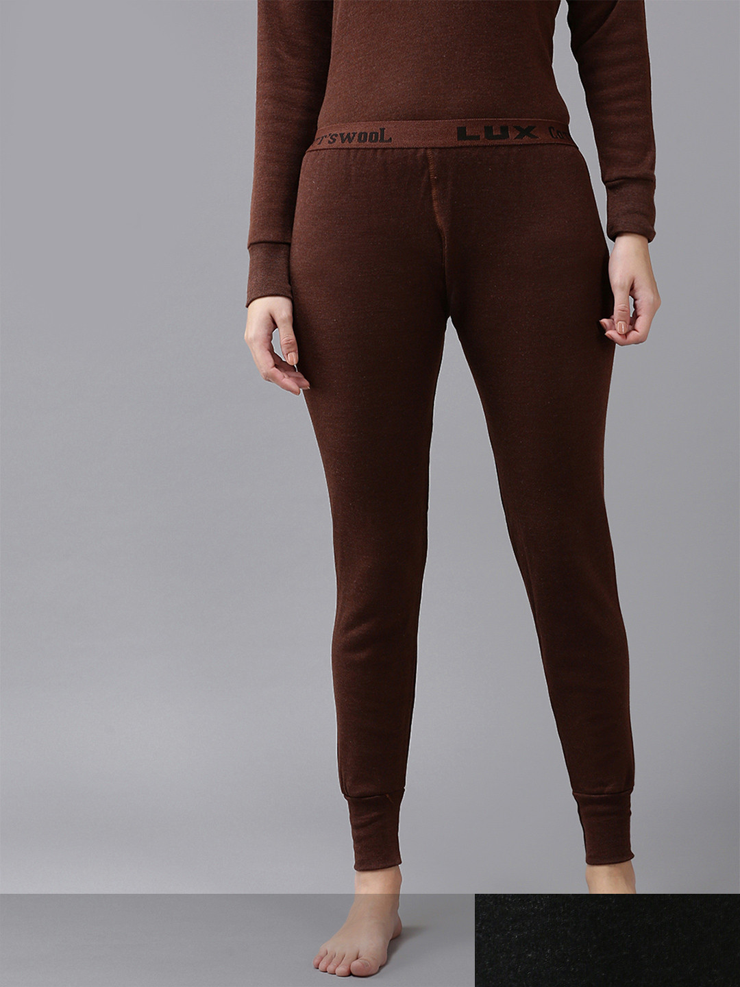 Lux Cottswool Women Pack Of 2 Brown and Black Solid Cotton Thermal Bottoms