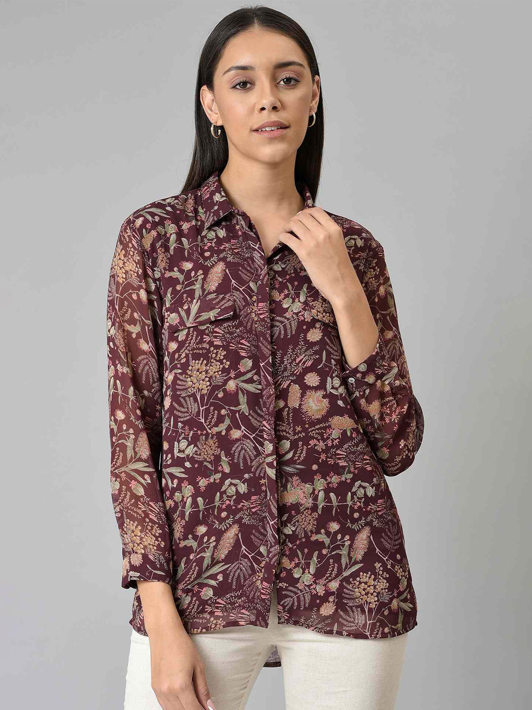 W Red Floral Print Shirt Style Top
