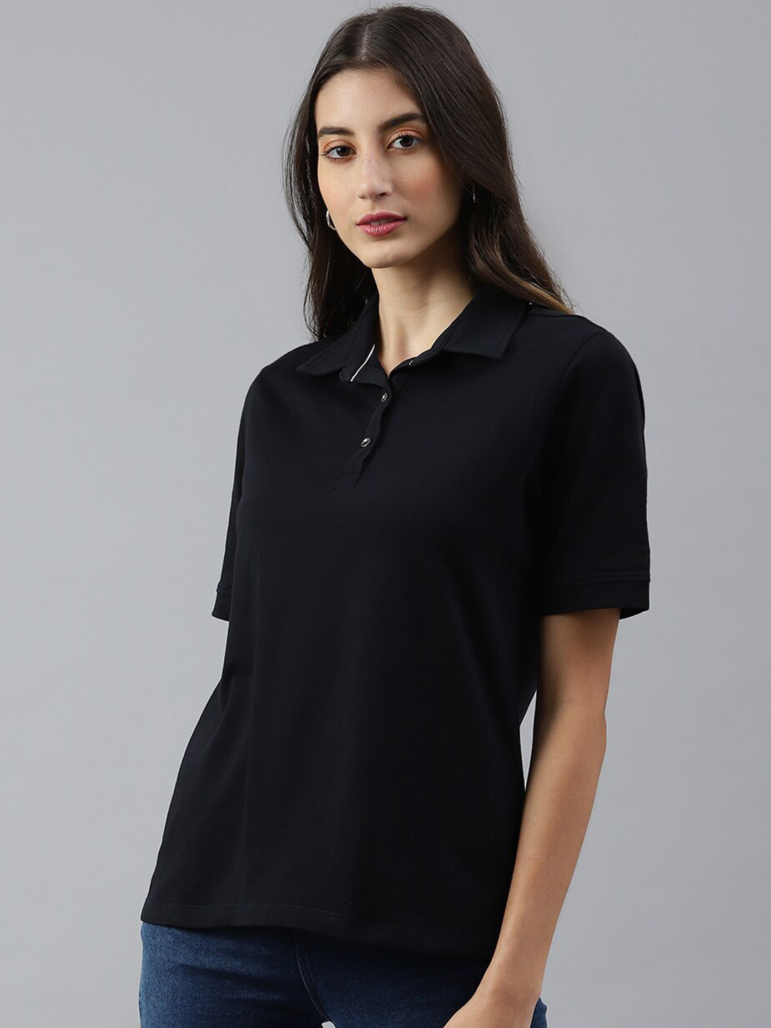 Xpose Women Navy Blue Solid Polo Collar T-shirt