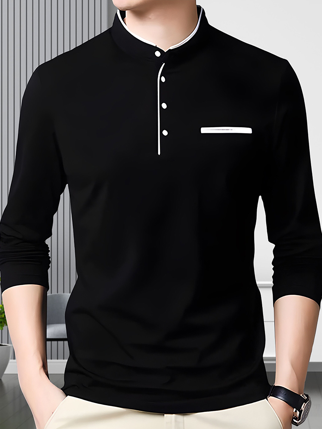 AUSK Men Black Solid Mandarin Collar T-shirt
