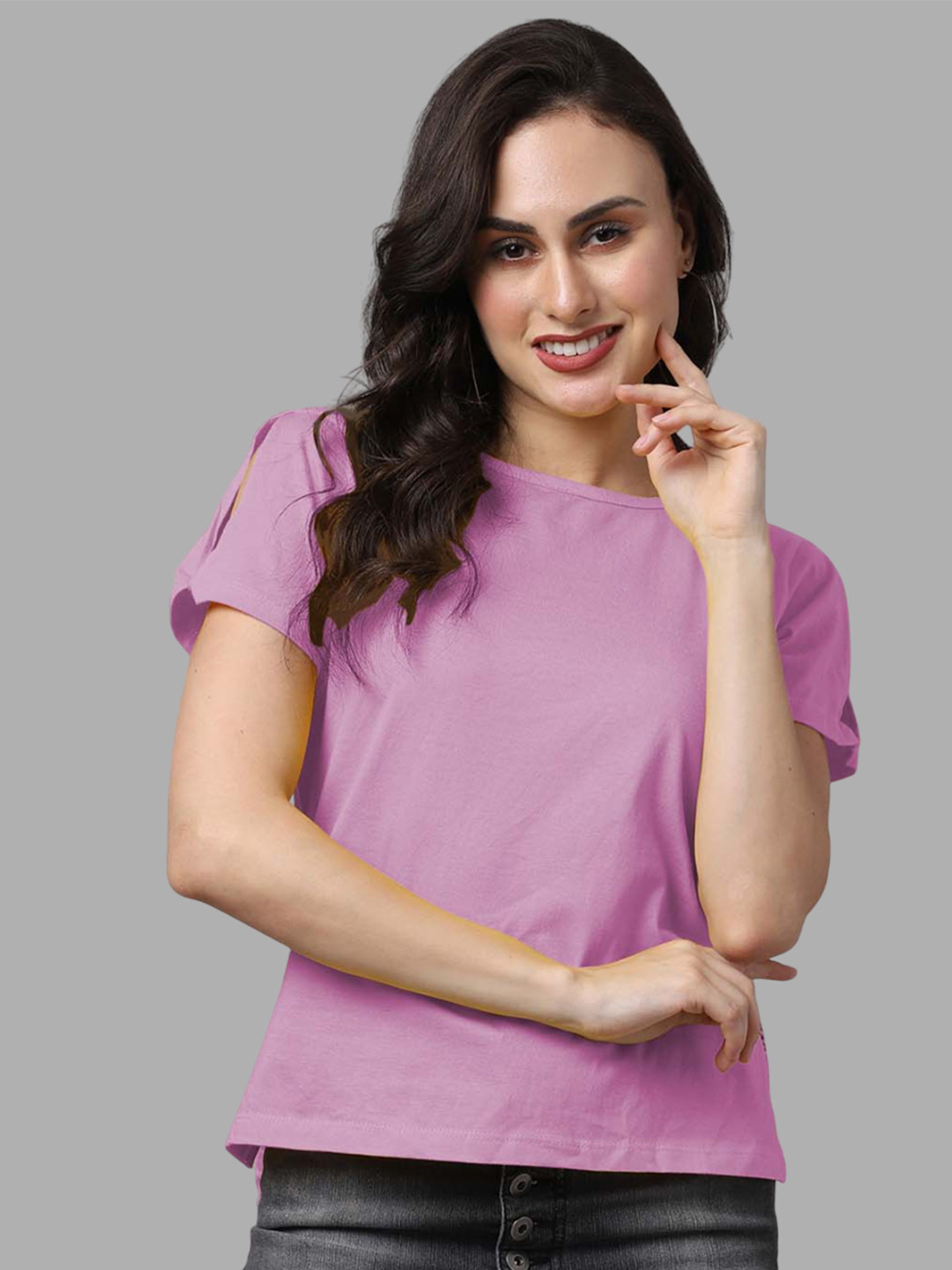 Friskers Women Purple Solid High-Low Cotton Top