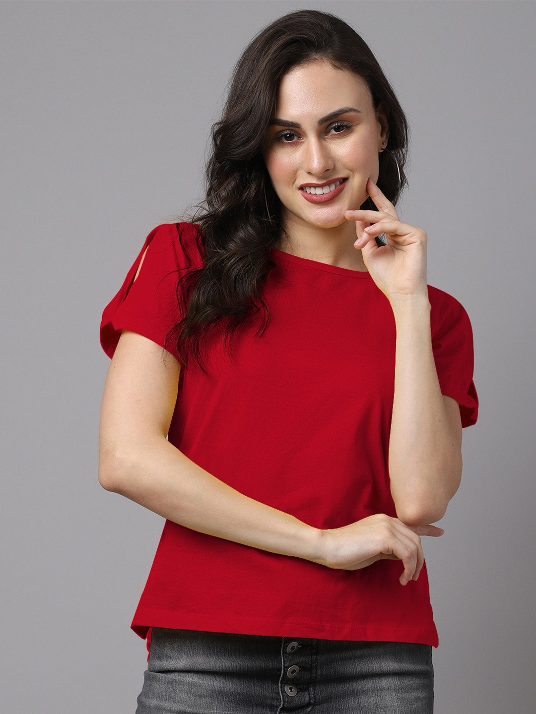 Friskers Women Red Solid High-Low Cotton Top