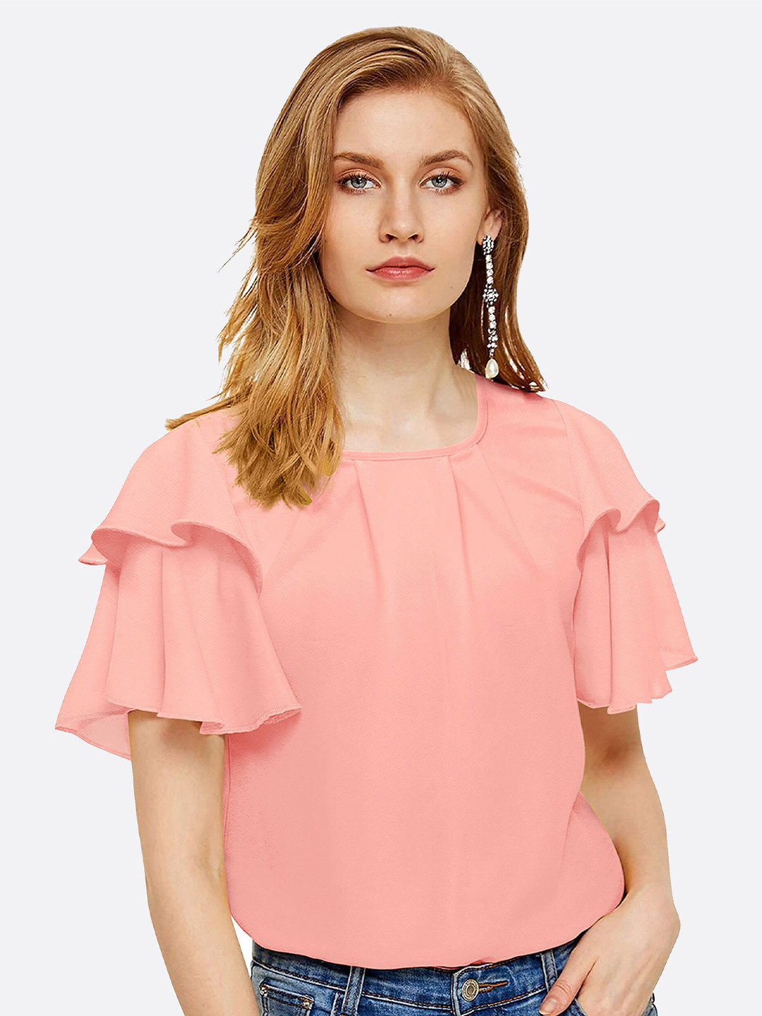 LONDON BELLY Peach-Coloured Flared Sleeve Casual Top