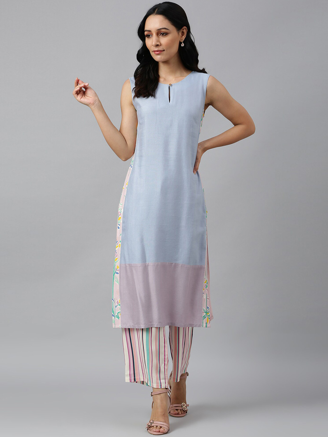 W Women Blue Colourblocked Indie Prints Kurta