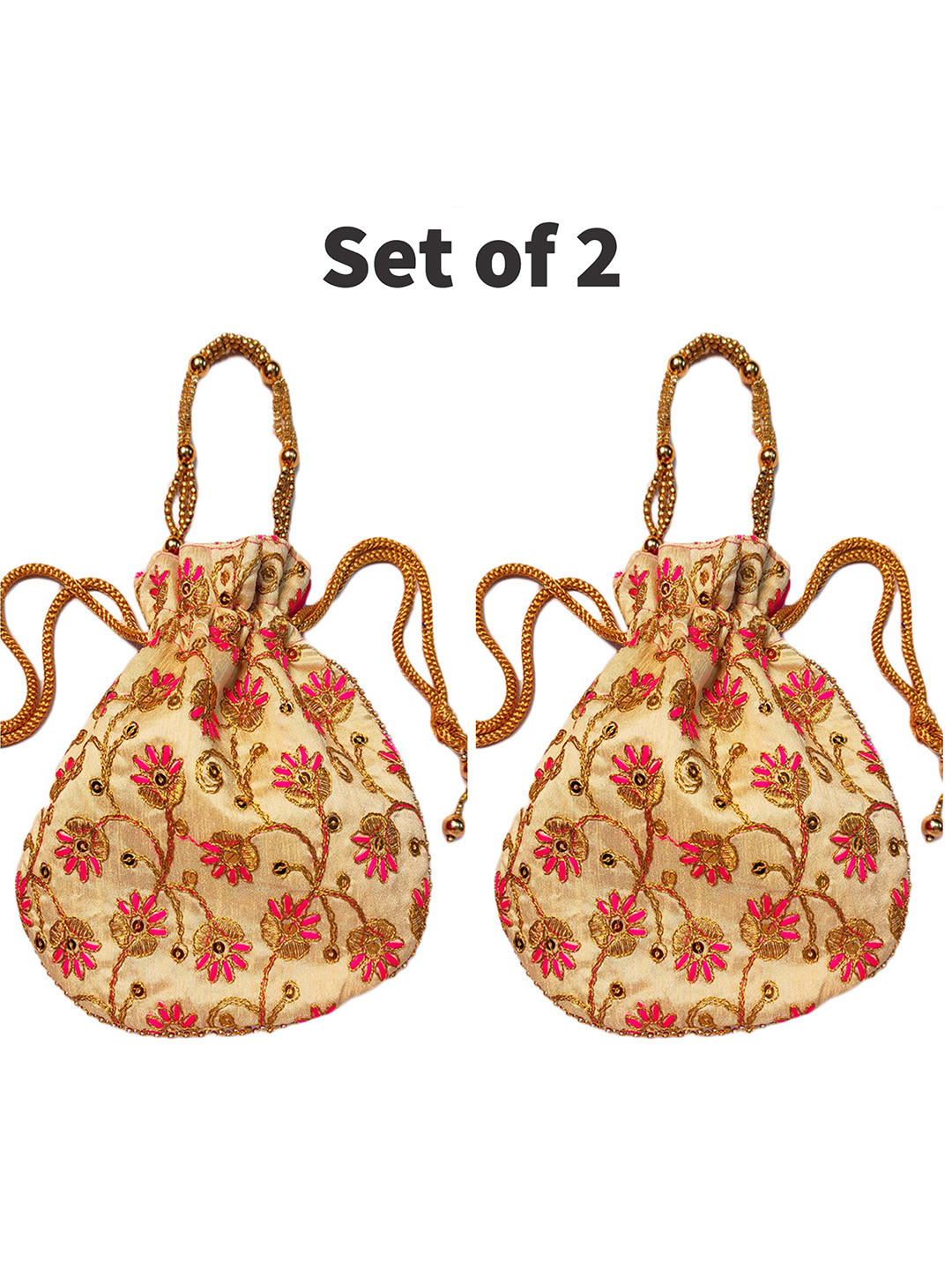 CRAYTON Set of 2 Pink & Gold-Toned Embroidered Potli Clutch