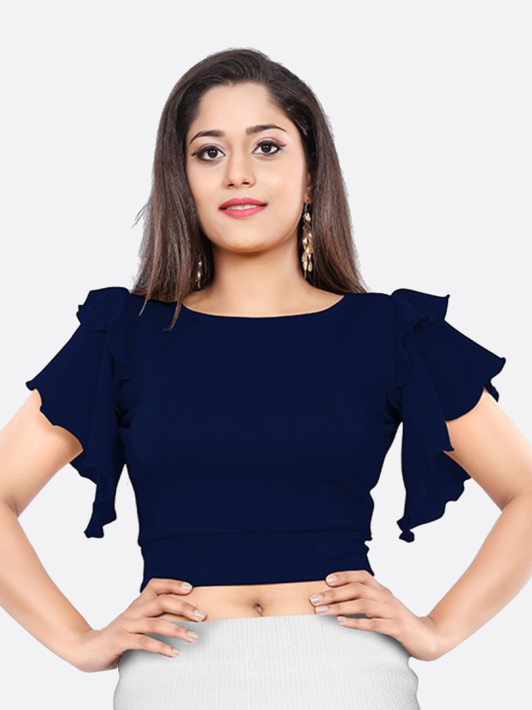 LONDON BELLY Round Neck Flutter Sleeves Fitted Crop Top
