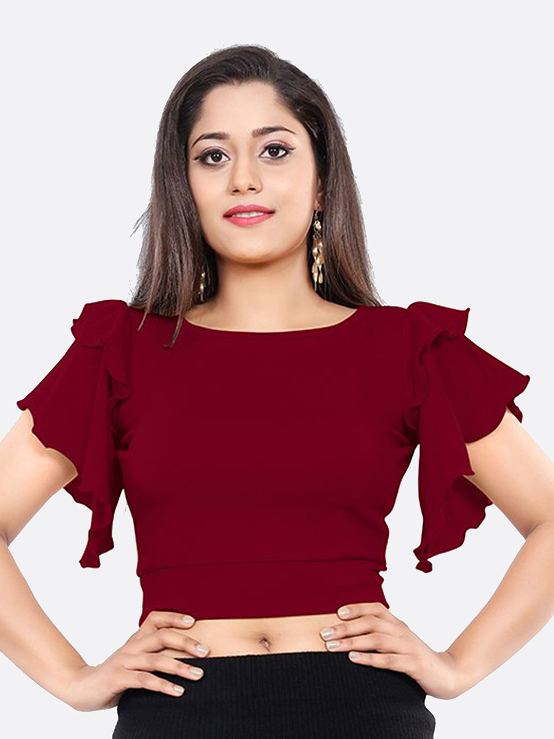 LONDON BELLY Round Neck Flutter Sleeves Fitted Crop Top