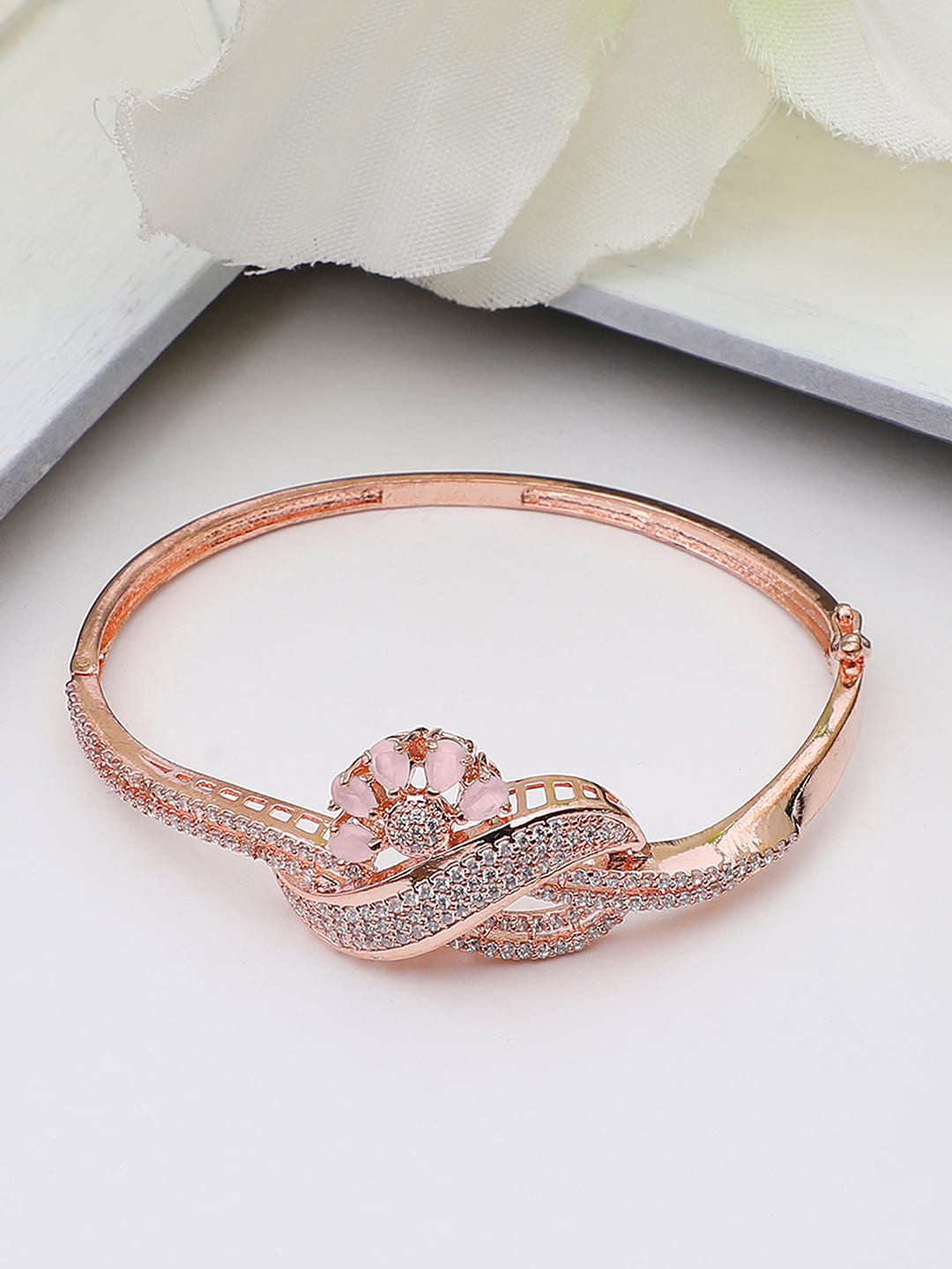 Bhana Fashion Women Rose Gold & Pink Brass American Diamond Rose Gold-Plated Bangle-Style Bracelet