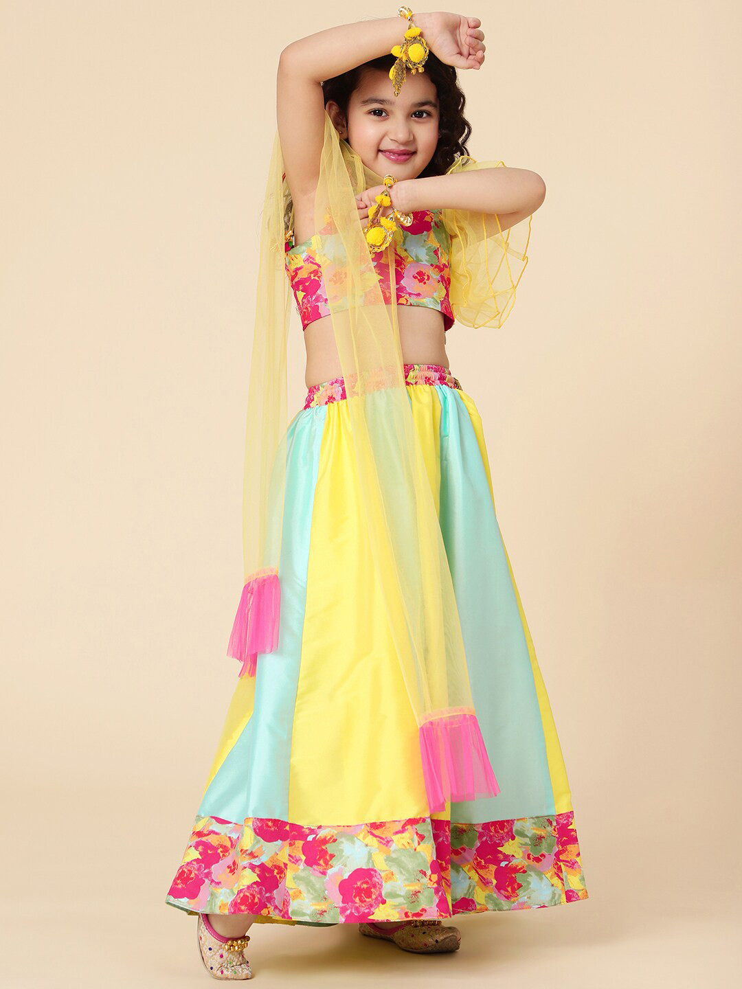 A T U N Girls Blue & Yellow Printed Ready to Wear Lehenga & Blouse With Dupatta
