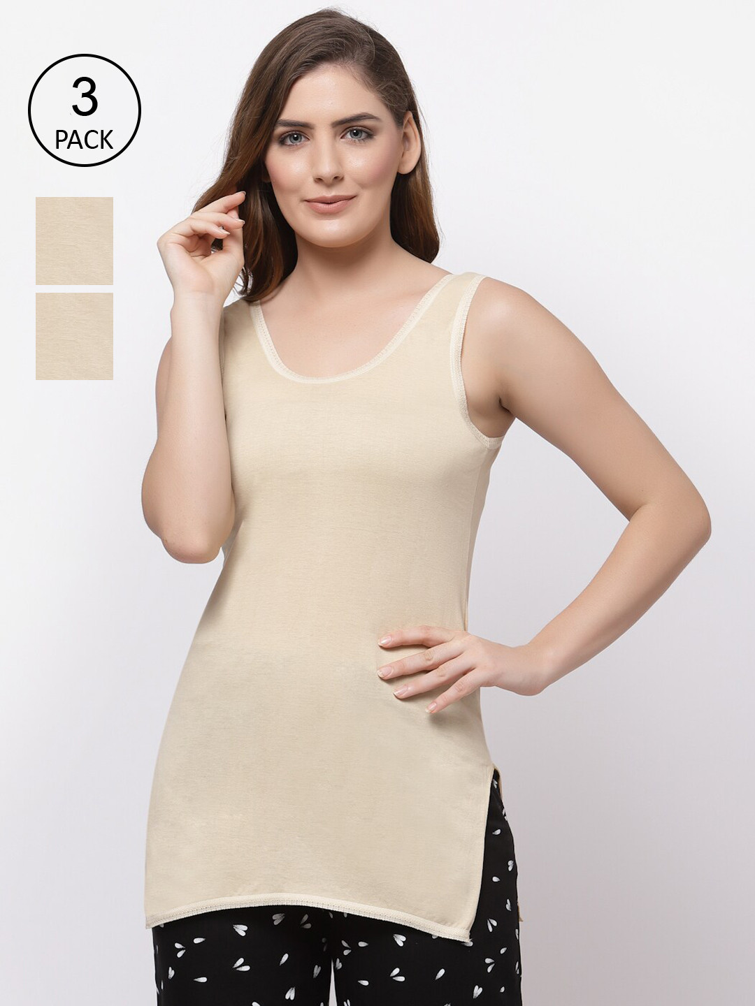 Floret Women Pack of 3 Beige Solid Cotton Slips